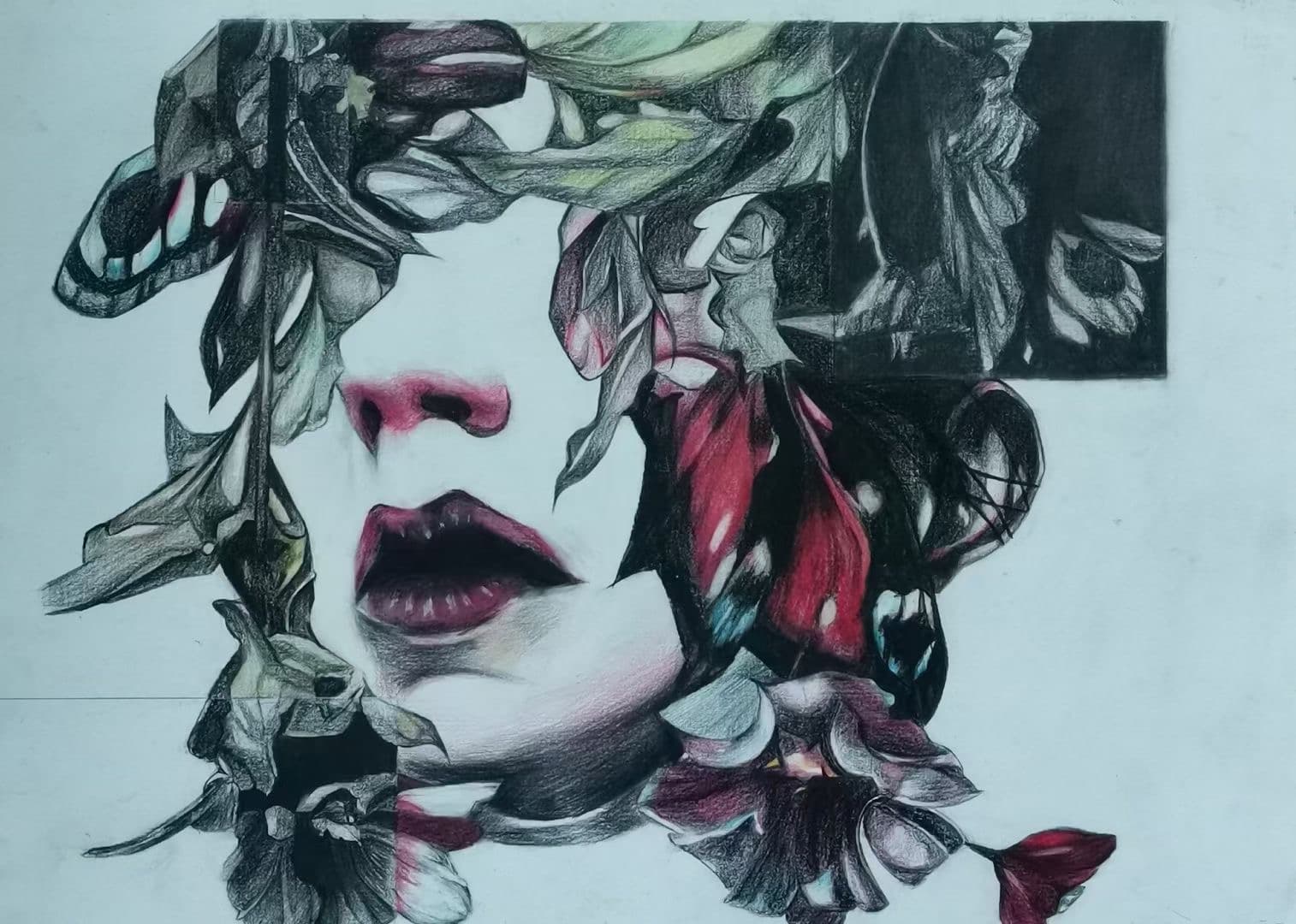 Recreated the work by combining black-and-white sketch blocks within colorful spaces using colored pencils.